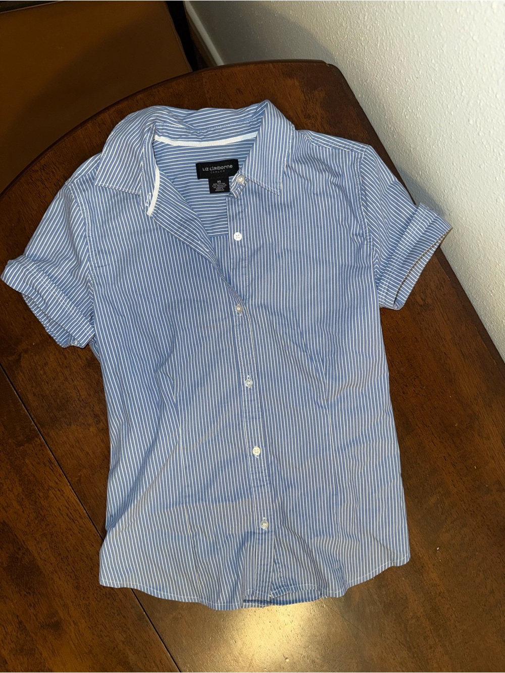 Vintage Liz Claiborne Blue and White Stripe Short Sleeve Button-Up Shirt